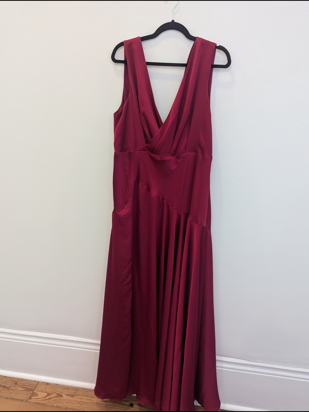 Fame and Partners Wine Red Satin Deep V Maxi Dress